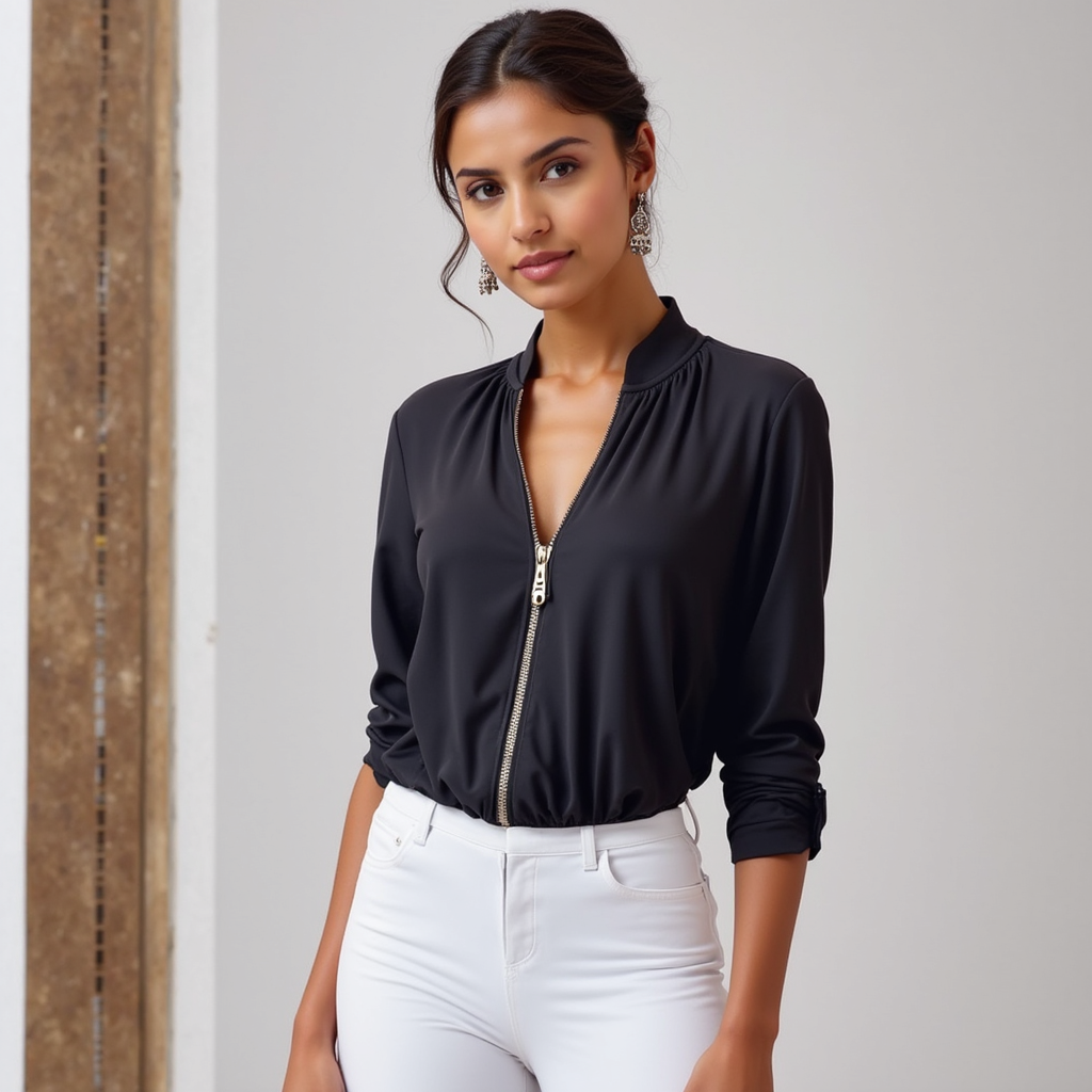 Zip-Up Shirt V-Neck